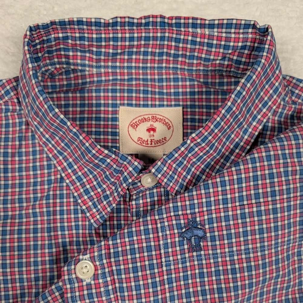 Brooks Brothers Red Fleece Shirt Mens M Red Blue‎ Check Button Down Lamb Logo